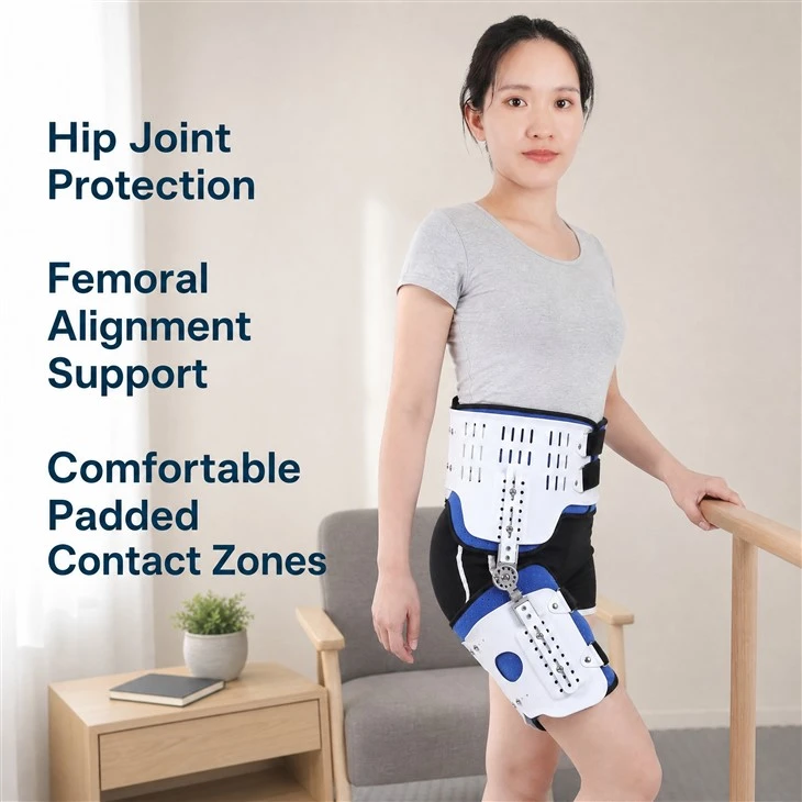 Postoperative hip brace with contoured thigh support cuff