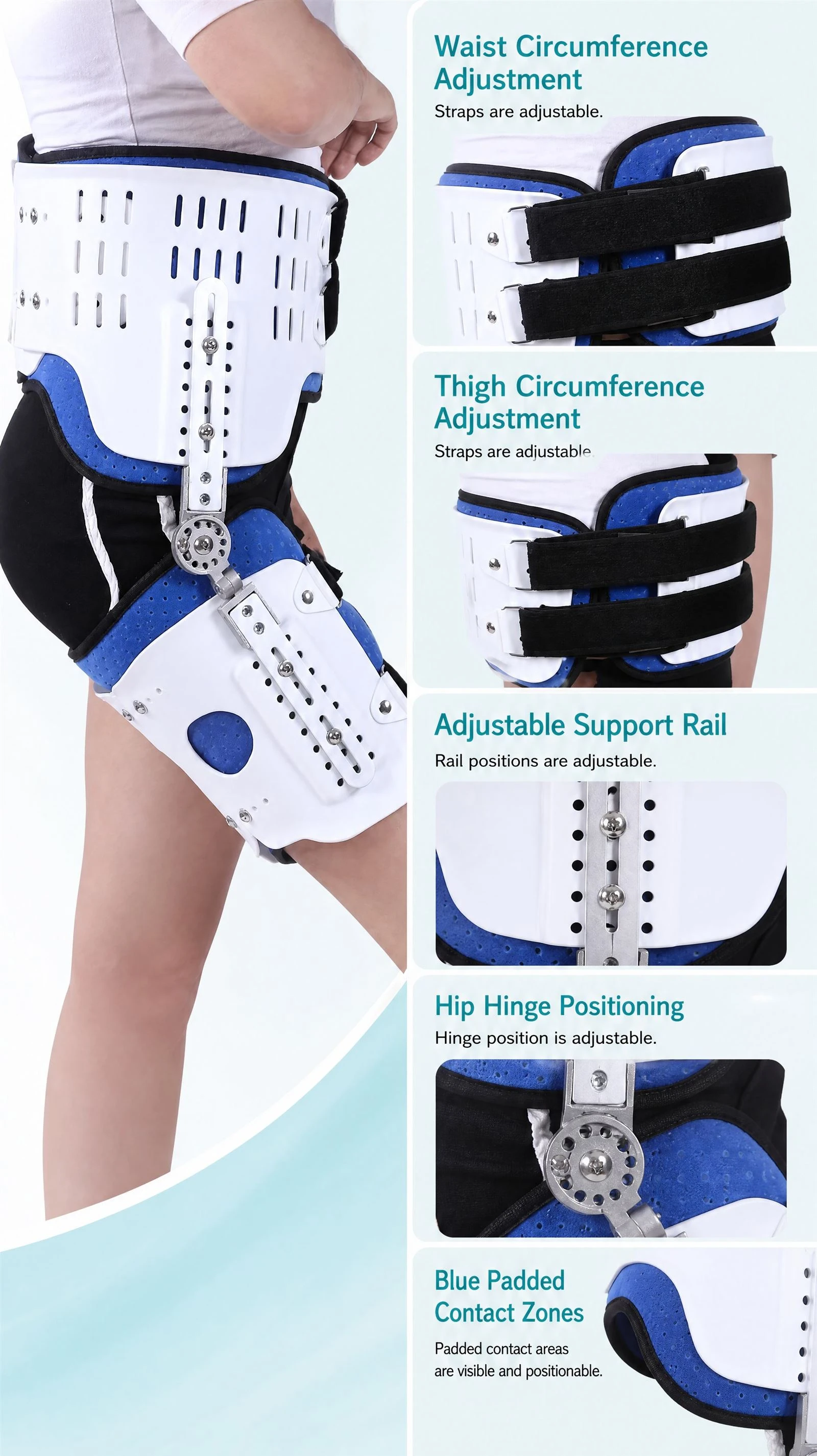 Hip rehabilitation brace with perforated padded lining Hip rehabilitation brace with perforated padded lining